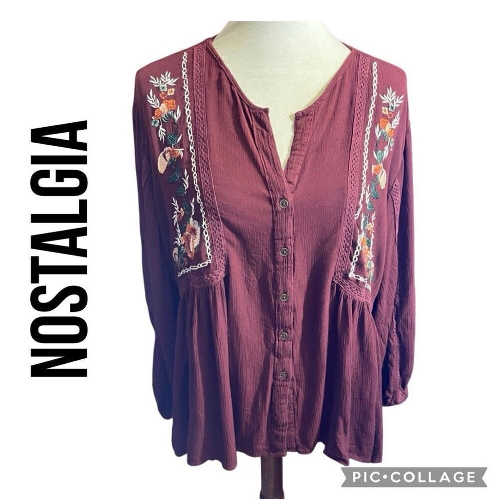 Nostalgia Burgundy Embroidered Boho Blouse Women’s Size Large Button Front Long